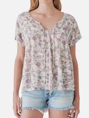 Lucky Brand Cream Floral Tie-Front Short Sleeve Top